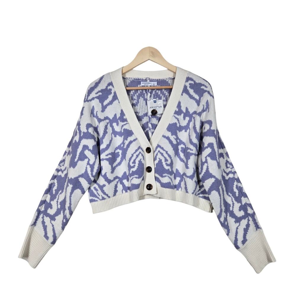 NEW Sonoma Cropped Cardigan Sweater L Violet Ivory Abstract Long Sleeve Button
